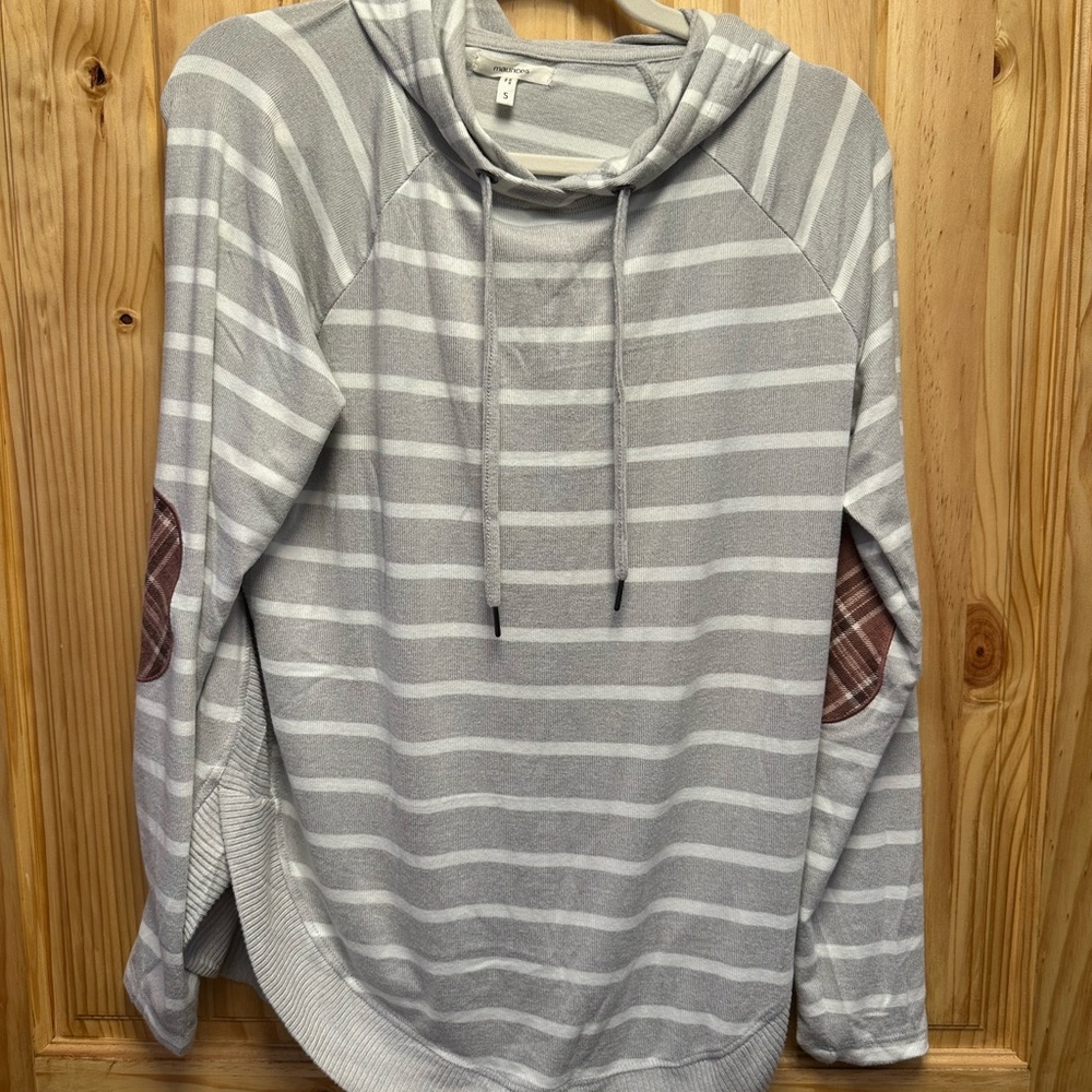 Maurices Gray Striped Hoodie with Plaid Elbow Patches